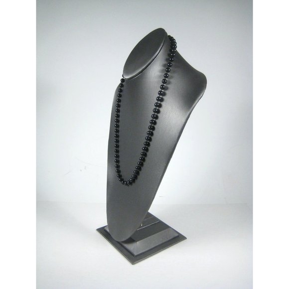 Black Plastic Beaded Necklace 25 inch Goldtone Strand Jewelry Retro - Picture 3 of 4